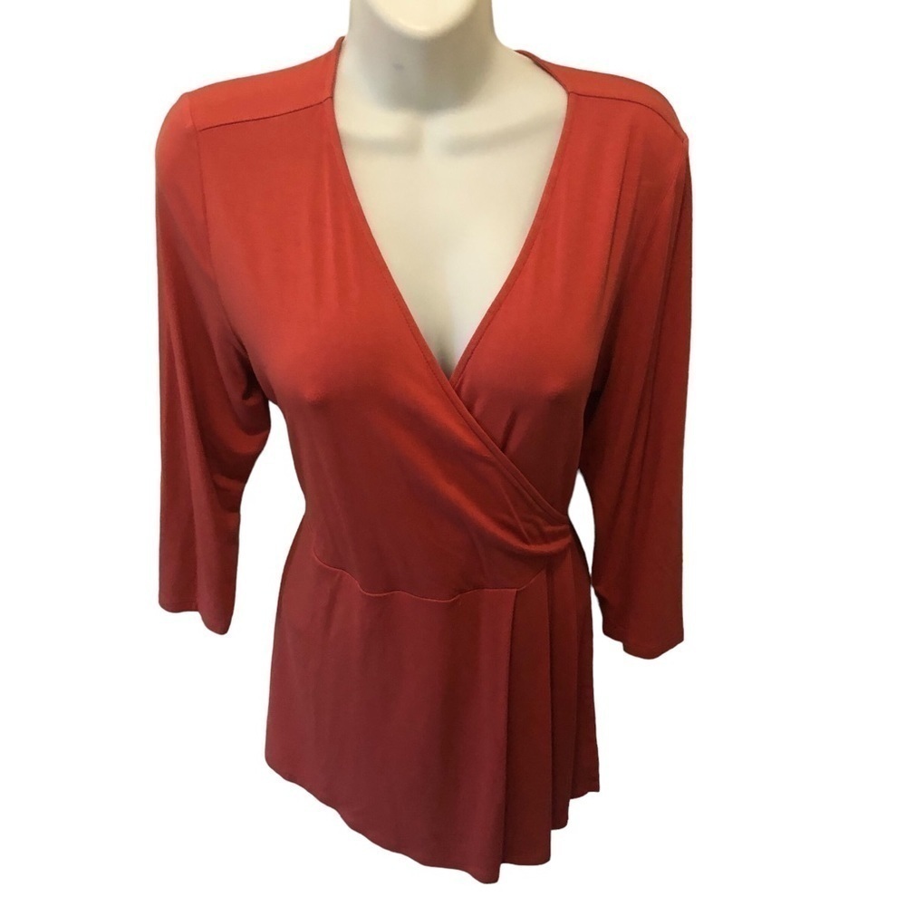 J. Jill Wearever Collection Faux Wrap Top Size MP 3/4 Sleeve Stretch Knit Salmon